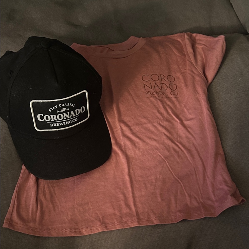 Coronado Brewing crop pink shirt size Sm and snap back hat